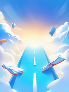 there are books flying in the sky above an open road that is surrounded by clouds