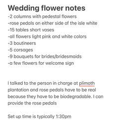 the wedding flowers list is displayed in white