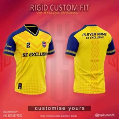 a yellow and blue soccer jersey with the words, customise yourss on it