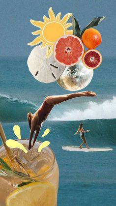 a person jumping into the air on top of a surfboard in front of an orange and grapefruit drink