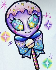 a drawing of a lollipopo with stars on it's head and a candy cane in its mouth