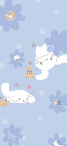 an animal wallpaper with blue flowers and white bears on the ground, in front of a light blue background