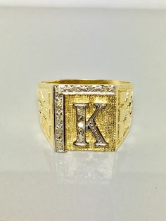 10k real gold ring/ initial gold ring/ size 10- weight of ring 5.9 grams- height of ring 24mm- width of ring 22mm- sizing available- more varieties in our shop- Initial Gold Ring, Statement Gold Ring, Large Gold Ring, Gold Thumb Rings, Midi Rings Gold, Mens Ring Designs, Ring Initial, Delicate Gold Ring