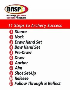 the steps to archery success guide is shown in red and white with black numbers on it