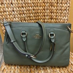 Leather Satchel With Gold Hardware And Suede Accents Elegant Green Coach Satchel, Classic Coach Green Satchel, Classic Green Coach Satchel, Bags Coach, Leather Satchel, Coach Bags, Gold Hardware, Satchel, Bag Lady