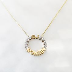 "The mini version of our Circle Name Necklace. A memorable and meaningful gift for any occasion or holiday. It's perfect for mom, sisters, best friends, cousins, bridesmaids, and more. This is our MINI Circle Name Necklace. For our STANDARD/CLASSIC version, visit the listing here: https://etsy.me/2voZKUz DETAILS - Crafted with pure sterling silver and optional gold-plating OR pure solid gold - Approximately 3/4\" in diameter from outside of the letters - Chain style may vary slightly - Made in N Circle Name, Sisters Best Friends, Writing Crafts, Solid Gold Chains, Jewelry Pouch, Name Necklace, Chain Styles, Meaningful Gifts, Gold Plating