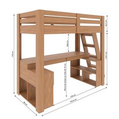 a wooden bunk bed with stairs next to it and measurements for the bottom shelf below