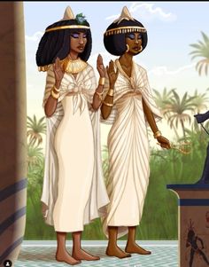 two women dressed in ancient egyptian garb standing next to each other with palm trees behind them