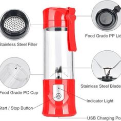 an image of a red blender with instructions on how to use the blender