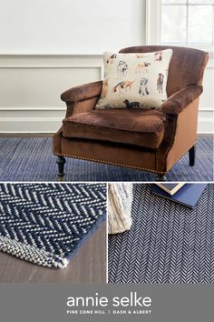 an upholstered chair and rug with the words annie selke on it