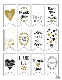 printable thank you cards with gold foil hearts and wreaths on the front, black and white background