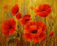 an oil painting of red poppies in the sun on a yellow and green background