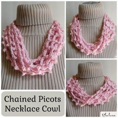 three pictures of a pink crocheted scarf on top of a mannequin