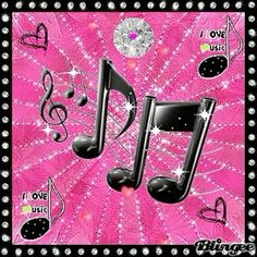 a pink background with musical notes and hearts