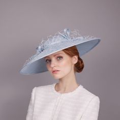 Woman with red hair wearing a white tweed jacket and a pale blue downbrim with honeycomb veiling and bows on top Spotty Face, Rachel Trevor Morgan, Summer Headwear, Royal Outfit, Blue Disc, Occasion Hats, Hollywood Hair, Wire Headband, The Rachel