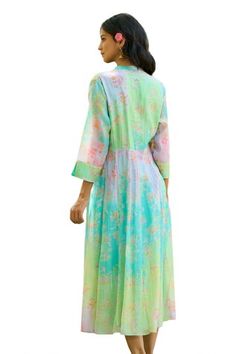 Turquoise paneled dress with all-over floral prints. - Aza Fashions Paneled Dress, Jay Dress, Panel Dress, Women Dresses, Cotton Silk, Floral Print Dress, Aza Fashion, Silk Printing, Three Quarter