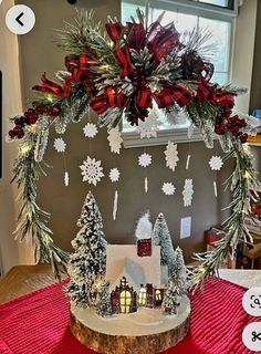 a christmas wreath with snowflakes and lights on it sitting on top of a table