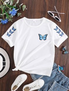 Blanco Casual Collar manga corta Tela Mariposa  Embellished Estiramiento medio  Ropa de Niñas Best Friend Matching Shirts, Clothing Business, Summer Outfits Kids, Comfy Shirts