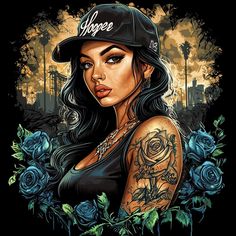 a woman with tattoos and a baseball cap on her head is standing in front of roses