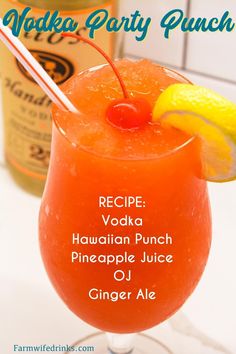 an orange drink with a cherry garnish on the rim and text that reads vodka party punch recipe