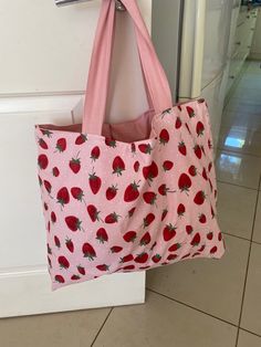 "Hello and welcome to my shop. This gorgeous large pure cotton Hobo is made with imported fabric with Strawberry print and  has  matching pink  Homespan cotton  lining. The handles are made from the same fabric as the lining and the bag has boxed corners. The hobo is  light as a feather and fits into handbags. size: Height: 16\" Width: 21\" Handle drop: 8\" Cool wash on gentle cycle. Each large hobo  bag is  made individually  and a great present for a special person or spoil yourself!" Cheap Strawberry Print Bag As Gift, Trendy Strawberry Print Bag At Affordable Price, Affordable Strawberry Print Rectangular Bag, Trendy Cheap Bags With Strawberry Print, Inexpensive Rectangular Bag With Strawberry Print, Cheap Strawberry Print Summer Bags, Trendy Cotton Bags With Floral Print, Red Cotton Canvas Shopping Bag, Red Cotton Canvas Bag For Shopping