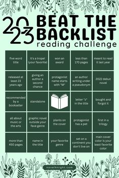 the 25 best books to read on reading challenge info sheet with text that reads, 20 beat the backlist reading challenge