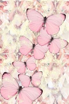 some pink butterflies flying in the air with white and pink flowers behind them on a light colored background