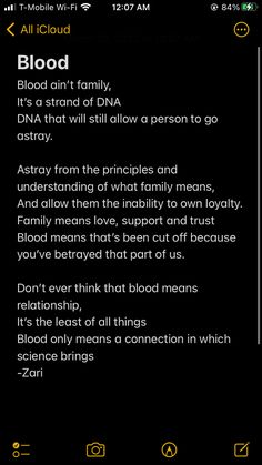 the text on the phone reads blood, it's a strand of dna