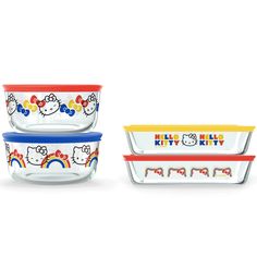 three glass bowls with hello kitty designs and rainbows on the lids, one is empty