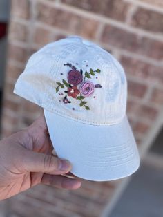 Embroidered Cotton Fitted Baseball Cap, Embroidered Cotton Baseball Cap, Embroidered Cotton Fitted Hat With Curved Bill, White Embroidered Baseball Cap With Curved Bill, White Embroidered Cotton Baseball Cap, White Cotton Hats With Custom Embroidery, White Embroidered Cotton Dad Hat, Cotton Baseball Cap With Embroidered Curved Visor, White Embroidered Dad Cap