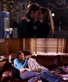 two pictures of people kissing on the couch