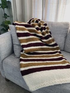 super bulky knit blanket with alternating stripes of color Games With Friends, Night Games, Knitted Afghans, Camping Blanket, Lion Brand Yarn, Knit Blanket, Afghan Blanket, Blanket Knitting Patterns, Super Bulky