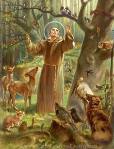 an image of jesus surrounded by animals in the forest with birds and doves around him