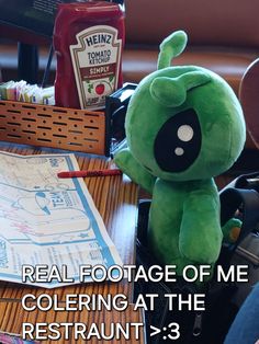 a green stuffed animal sitting on top of a wooden table