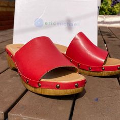 Handcrafted In Portugal, Red Leather Clog Sandals New In Box. Does Run About 1/2 Size Long. Red Clogs For Beachwear In Summer, Red Summer Beach Clogs, Red Round Toe Beach Clogs, Red Beach Clogs With Round Toe, Red Mules With Rubber Sole For Spring, Red Rubber Sole Mules For Summer, Red Mules With Removable Insole For Summer, Red Clogs With Wooden Heel For Summer, Red Closed Toe Clogs With Cushioned Footbed