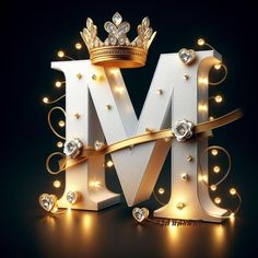 the letter m is made up of lights and decorated with gold crown, surrounded by jewels