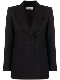 black virgin wool peak lapels jetted chest pocket shoulder pads cropped long sleeves with buttoned cuffs double-breasted button fastening two front flap pockets American rear vent full lining Designer Jackets, Tailored Blazer, Blazer Black, Jacket Design, Black Blazers, Wool Blazer, Black Wool, Flap Pocket, Luxury Boutique