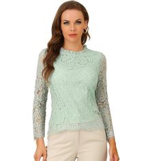 Add a bit of feminine flair to your look with the ruffle round neck lace top.
Featuring with a long sleeve form, ruffle neck and lace fabric.
It is a perfect match for everyday jeans and skirt for a weekend casual look.
A lace top puts a feminine spin on any day or night look with a charming feminine silhouette.
Good options for parties, sweet dating,  shopping, festivals, banquets, office outfit, casual wear, and daily outfit. Party Blouse With Lace Top And Crew Neck, Elegant Crew Neck Lace Top With Lace Trim, Spring Lace Top With Crew Neck And Lace Sleeves, Spring Lace Blouse With Crew Neck, Spring Long Sleeve Blouse With Scalloped Lace, Long Sleeve Scalloped Lace Blouse For Spring, Spring Lace Top With Crew Neck, Crew Neck Lace Blouse, Feminine Lace Crew Neck Top