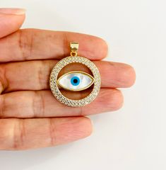 18k gold filled blue evil eye  with mother of pearl and zirconia cubica pendant or necklace . for good luck , pendant: height 30 mm x width 25 mm. Eye Pendant Necklace, For Good Luck, Pompano Beach, Blue Evil Eye, Eye Pendant, Evil Eye Pendant, Evil Eye, Mother Of Pearl, Gold Filled