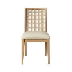 a wooden chair with a beige upholstered back and seat cushion on white background