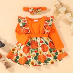 Toddler Girls Long Sleeve Pumpkin Print Dress Scarf Two Piece Set - PrettyKid Woman Costumes, Pumpkin Dress, Dress Scarf, Halloween Long Sleeve, Rompers For Kids, Flowers Color, Scarf Dress, Pumpkin Print