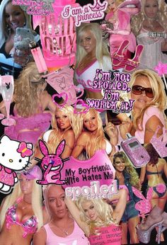 the collage has many pictures of women in pink and white outfits with hello kitty on them