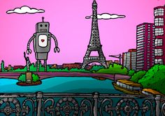 an image of a robot in front of the eiffel tower with pink sky