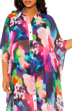 Move from beach to cocktails in this drapey maxi cover-up emboldened in a vivid print. Front button closure Spread collar Elbow-length sleeves 100% polyester Hand wash, line dry Imported Multicolor Printed Short Sleeve Cover-up, Multicolor Short Sleeve Printed Cover-up, Long Shirt Dress, Long Sleeve Shirt Dress, Elbow Length Sleeve, Shop Maxi Dresses, Shirtdress, Floral Dress Black, Two Piece Dress