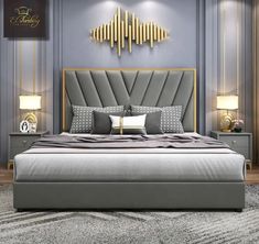 a modern bedroom with grey walls and gold accents