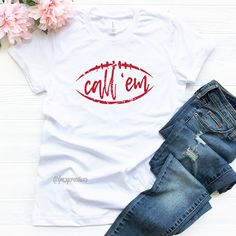 CHEER ON YOUR TEAM in style with this cute Call 'Em Football shirt. Perfect for all sporting events and casual Fridays! ►RETURN POLICY **All FM2Y shirts are custom, made to order, and handmade; therefore, they are non refundable. ORDERS that are wrong due to a FM2YCreations oversight will be recreated at no additional charge. ►PRODUCT DESCRIPTION -- 4.2 oz UNISEX Tee Shirt Solid colors : 4.2 oz., 100% ringspun cotton Ash: 99% ringspun cotton, 1% polyester Heather color: 52% ringspun cotton, 48% Razorback Shirt, Arkansas Football, Coaches Wife, Woo Pig Sooie, Coach Shirts, Casual Fridays, Shirt Football, Game Day Shirts, Gaming Shirt