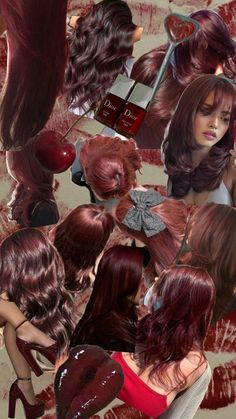 collage of red hair cherry cola red hair Winter Cherry Hair, Cherry Red Hairstyles, Fun Hair Color Ideas For Light Brunettes, Cherry Red Hair On Brown Hair, Maroon Colored Hair, Red And Blond Curly Hair, Cherry Coca Cola Hair Color, Deep Cherry Red Hair Highlights, Black Cherry Cola Hair Color