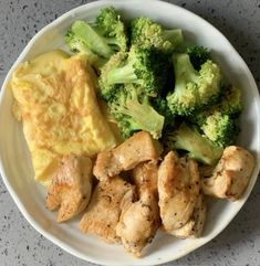 a white plate topped with chicken, broccoli and mashed potatoes