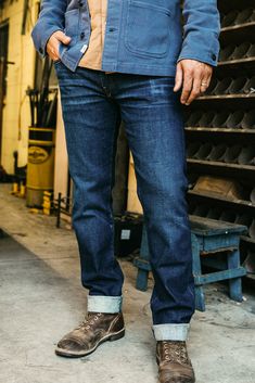 Rugged Selvedge Denim Blue Jeans, Rugged Selvedge Jeans In Rigid Denim, Rugged Selvedge Rigid Denim Jeans, Rugged Standard Cut Denim Jeans, Rugged Selvedge Straight Leg Jeans, Rugged Denim Jeans With Standard Cut Leg, Rugged Denim Jeans, Recycled Denim Jeans In Denim Blue, Rugged Dark Wash Selvedge Bottoms