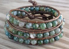 "This bracelet features 6mm green moss agate beads and brown leather cord. It is designed to wrap three times around your wrist. This bracelet can be customized with a different button! :) Button choices can be viewed here: http://www.etsy.com/listing/78533426/button-choices-for-custom-wrap-bracelets If no button is selected, the bracelet will be made with the button shown in this listing. ----------------------------------------------------------------------------------------------------------- Green Moss Agate, Custom Wraps, York Pa, Wrap Bracelets, Bead Leather, Leather Wrap Bracelet, Beads And Wire, Agate Beads, Leather Wraps